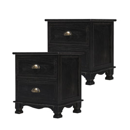 2X Bedside Table 2 Drawer Vintage Side Table Storage Cabinet Bedroom LYDIA BLACK - ElectronX Plus