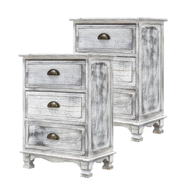 2X Bedside Table 3 Drawer Vintage Side Table Storage Cabinet Bedroom CLARA GREY - ElectronX Plus