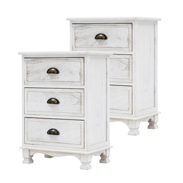 2X Bedside Table 3 Drawer Vintage Side Table Storage Cabinet Bedroom CLARA WHITE - ElectronX Plus