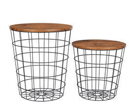 YES4HOMES Vintage Round Coffee Tables Set of 2 Side Tables Robust Steel Frame for Living Room Bedroom Rustic Brown and Black - ElectronX Plus