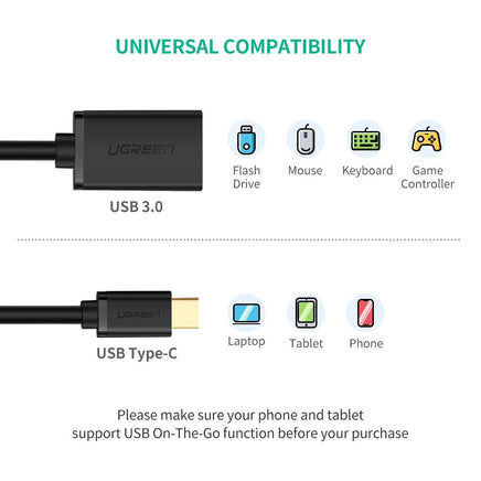 UGREEN USB Type-C Male to USB 3.0 Type A Female OTG Cable - Black 15CM (30701) - ElectronX Plus