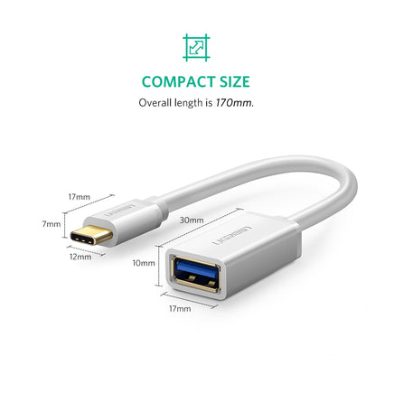 UGREEN USB Type-C Male to USB 3.0 Type A Female OTG Cable - White 15CM (30702) - ElectronX Plus