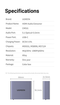 UGREEN 60649 HDMI Audio Extractor (SPDIF + 3.5mm AUX) - ElectronX Plus