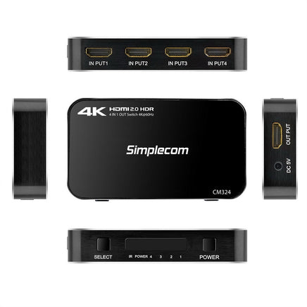 Simplecom CM324 4 Way HDMI 2.0 Switch with Remote 4 In 1 Out Splitter HDCP 2.2 4K @60Hz UHD HDR - ElectronX Plus