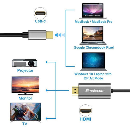 Simplecom DA321 USB-C Type C to HDMI Cable 1.8M (6ft) 4K@30Hz - ElectronX Plus