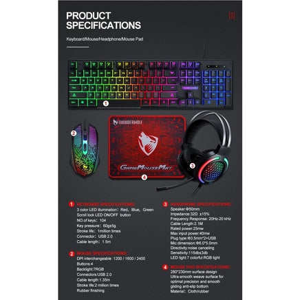 T-Wolf TF400 4-pcs Rainbow Keyboard/Mouse/Headphone/Mouse Pad Kit Set - ElectronX Plus