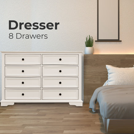 Celosia Dresser 8 Chest of Drawers Bedroom Acacia Timber Storage Cabinet - White - ElectronX Plus