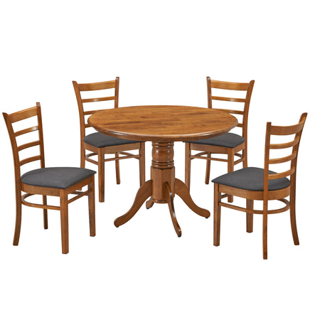 Linaria 5pc Dining Set 106cm Round Pedestral Table 4 Fabric Seat Chair - Walnut - ElectronX Plus