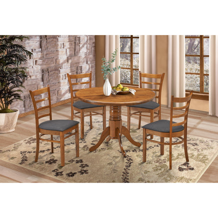 Linaria 5pc Dining Set 106cm Round Pedestral Table 4 Fabric Seat Chair - Walnut - ElectronX Plus