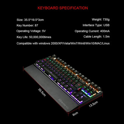 Mechanical Gaming Keyboard Green Switches 87 Keys LED Backlight PC and Laptop - ElectronX Plus