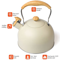 2.5 Liter Tea Whistling Kettle Stainless Steel Modern Whistling Tea Pot for Stovetop Cream - ElectronX Plus