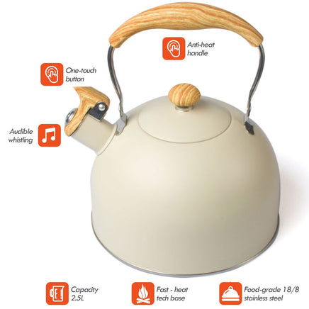 2.5 Liter Tea Whistling Kettle Stainless Steel Modern Whistling Tea Pot for Stovetop Cream - ElectronX Plus