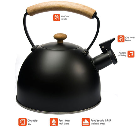 3 Liter Tea Whistling Kettle Stainless Steel Modern Whistling Tea Pot for Stovetop Black - ElectronX Plus