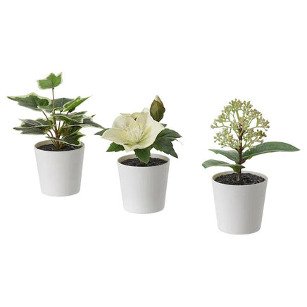 3 Pack of Artificial Potted Plants in White Plastic 6cm Pot Interior Decoration - ElectronX Plus