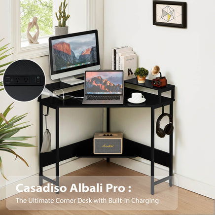 Casadiso L-Shaped Computer Desk with Charging Station, Black Gaming Desk with Built-in Power Board - (Casadiso Albali Pro) - ElectronX Plus