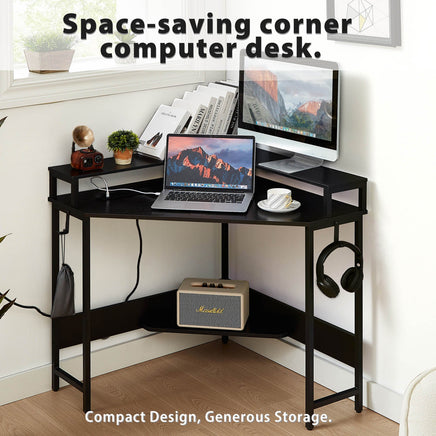 Casadiso L-Shaped Computer Desk with Charging Station, Black Gaming Desk with Built-in Power Board - (Casadiso Albali Pro) - ElectronX Plus