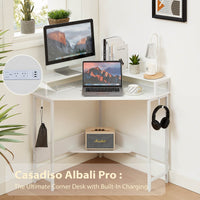 Casadiso L-Shaped Corner Desk with Built-In Power Board, White Gaming Desk with Charging Station (Casadiso Albali Pro) - ElectronX Plus