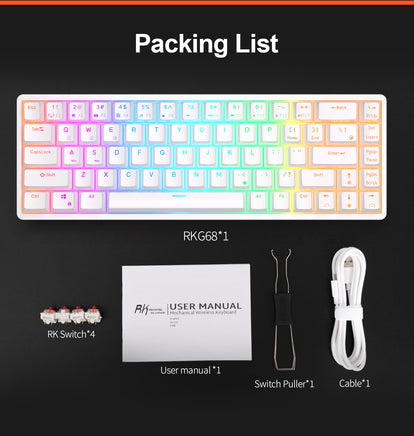 ROYAL KLUDGE RK68 Wireless Hot Swap White 65% Mechanical Keyboard, Red Switch - ElectronX Plus