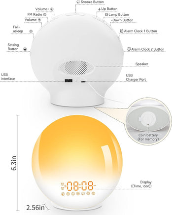 Sunrise Alarm Clock Wake Up Light 7 Sounds, Dual Alarms, Snooze, FM Radio - ElectronX Plus