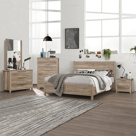 5 Pieces Bedroom Suite Natural Wood Like MDF Structure Double Size Oak Colour Bed, Bedside Table, Tallboy & Dresser - ElectronX Plus