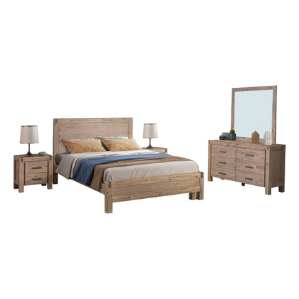 4 Pieces Bedroom Suite in Solid Wood Veneered Acacia Construction Timber Slat Queen Size Oak Colour Bed, Bedside Table & Dresser - ElectronX Plus