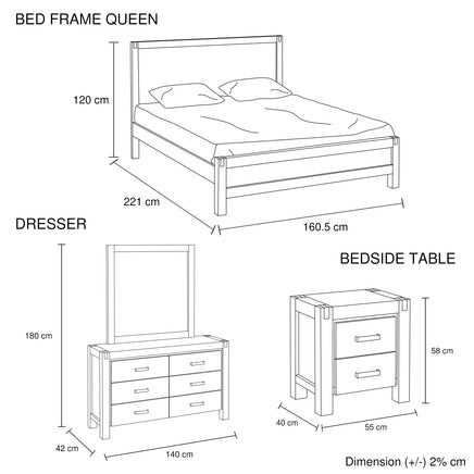 4 Pieces Bedroom Suite in Solid Wood Veneered Acacia Construction Timber Slat Queen Size Oak Colour Bed, Bedside Table & Dresser - ElectronX Plus