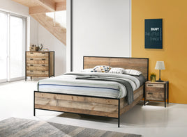 4 Pieces Bedroom Suite with Particle Board Contraction and Metal Legs Queen Size Oak Colour Bed, Bedside Table & Tallboy - ElectronX Plus