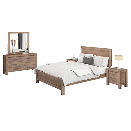 4 Pieces Bedroom Suite in Solid Wood Veneered Acacia Construction Timber Slat Double Size Oak Colour Bed, Bedside Table & Dresser - ElectronX Plus