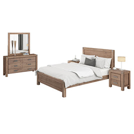 4 Pieces Bedroom Suite in Solid Wood Veneered Acacia Construction Timber Slat King Size Oak Colour Bed, Bedside Table & Dresser - ElectronX Plus