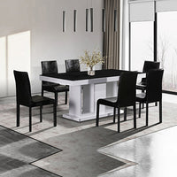 7 Pieces Dining Suite Dining Table & 6X  Black Chairs in Rectangular Shape High Glossy MDF Wooden Base Combination of Black & White Colour - ElectronX Plus