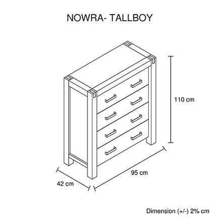 Tallboy with 4 Storage Drawers Solid Wooden Assembled in Oak Colour - ElectronX Plus