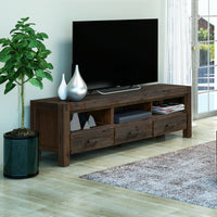 TV Cabinet with 3 Storage Drawers with Shelf Solid Acacia Wooden Frame Entertainment Unit in Chocolate Colour - ElectronX Plus