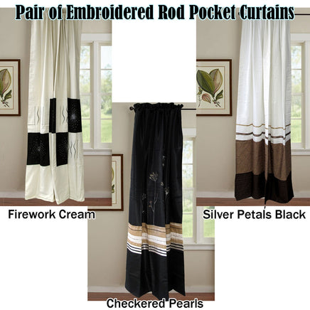 Pair of Embroidered Rod Pocket Curtains 150 x 213cm each Silver Petals - ElectronX Plus