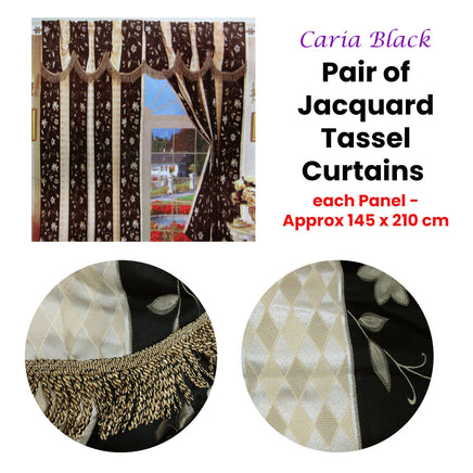 Pair of Caria Black Jacquard Tassels Unlined Curtains 145 x 210 cm - ElectronX Plus