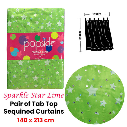 Pair of Organza Sequined Tab Top Curtains Sparkle Star Lime Green 140 x 213 cm - ElectronX Plus