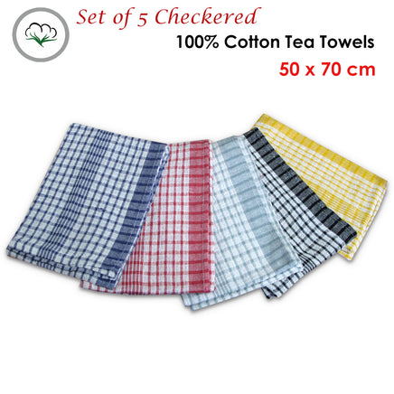 Hotel Living Checkered Set of 5 Cotton Tea Towels - ElectronX Plus