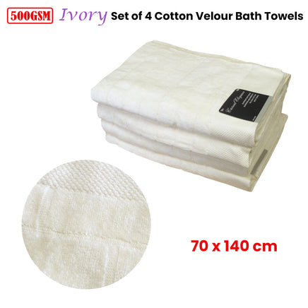 500GSM Set of 4 100% Cotton Velour Bath Towels Ivory 70 x 140 cm - ElectronX Plus