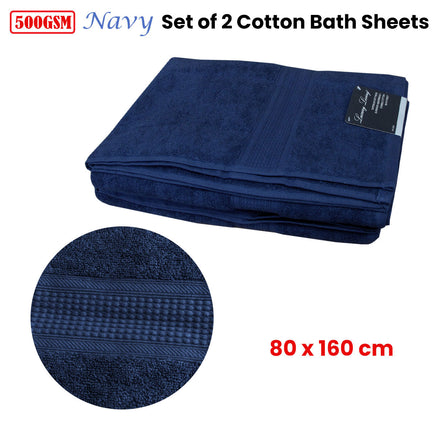 500GSM Set of 2 100% Cotton Bath Sheet Navy 80 x 160 cm - ElectronX Plus