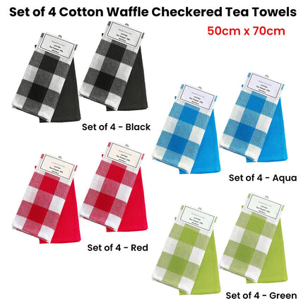 Set of 4 Cotton Waffle Checkered & Plain Dyed Tea Towels 50cm x 70cm Aqua - ElectronX Plus