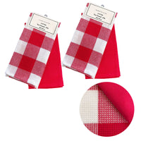 Set of 4 Cotton Waffle Checkered & Plain Dyed Tea Towels 50cm x 70cm Red - ElectronX Plus