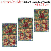 Set of 3 Festival Ribbon Christmas 100% Linen Tea Towels 45 x 72 cm - ElectronX Plus