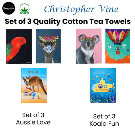 Set of 3 Christopher Vine Design 100% Cotton Tea Towels 50 x 70 cm - Koala Fun - ElectronX Plus