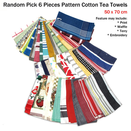 Random Pick Set of 6 100% Cotton Pattern Tea Towels - 50 x 70 cm - ElectronX Plus