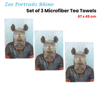 Set of 3 Zoo Portraits Microfiber Tea Towels Rhino 67 x 45 cm - ElectronX Plus