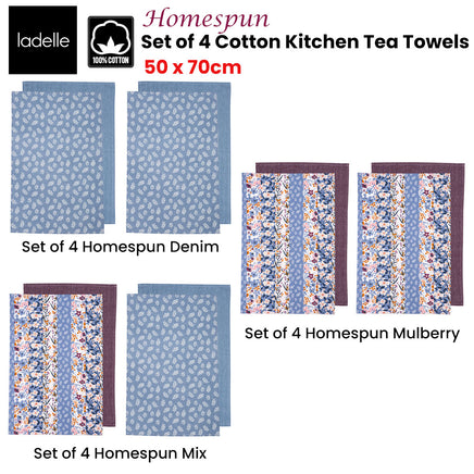 Ladelle Set of 4 Homespun Cotton Kitchen Tea Towels 50 x 70 cm Denim - ElectronX Plus