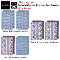 Ladelle Set of 4 Homespun Cotton Kitchen Tea Towels 50 x 70 cm Mulberry - ElectronX Plus