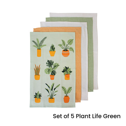 Ladelle Set of 5 Plant Life Cotton Kitchen Tea Towels 50 x 70 cm Green - ElectronX Plus