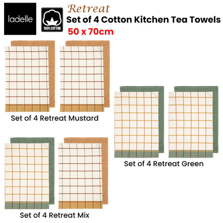 Ladelle Set of 4 Retreat Cotton Kitchen Tea Towels 50 x 70 cm Green - ElectronX Plus