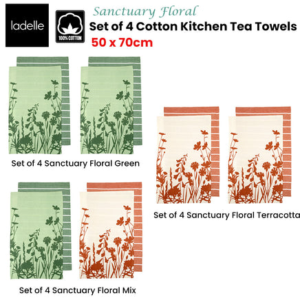 Ladelle Set of 4 Sanctuary Floral Cotton Kitchen Tea Towels 50 x 70 cm Green - ElectronX Plus