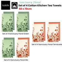 Ladelle Set of 4 Sanctuary Floral Cotton Kitchen Tea Towels 50 x 70 cm Terracotta - ElectronX Plus